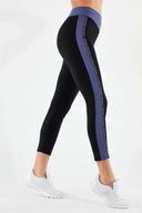 Activewear Leggings with an Overlap Waistband - High Waisted - 7/8 Length - Black + Blue Stripe