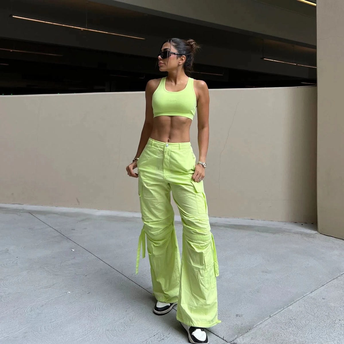 Cargo Trousers - High Waisted - Full Length - Lime Green