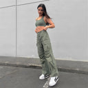 Cargo Trousers - High Waisted - Full Length - Military Green