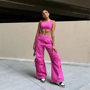 Cargo Trousers - High Waisted - Full Length - Pink