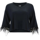 Cropped V Neck Shirt with feather trim - Black