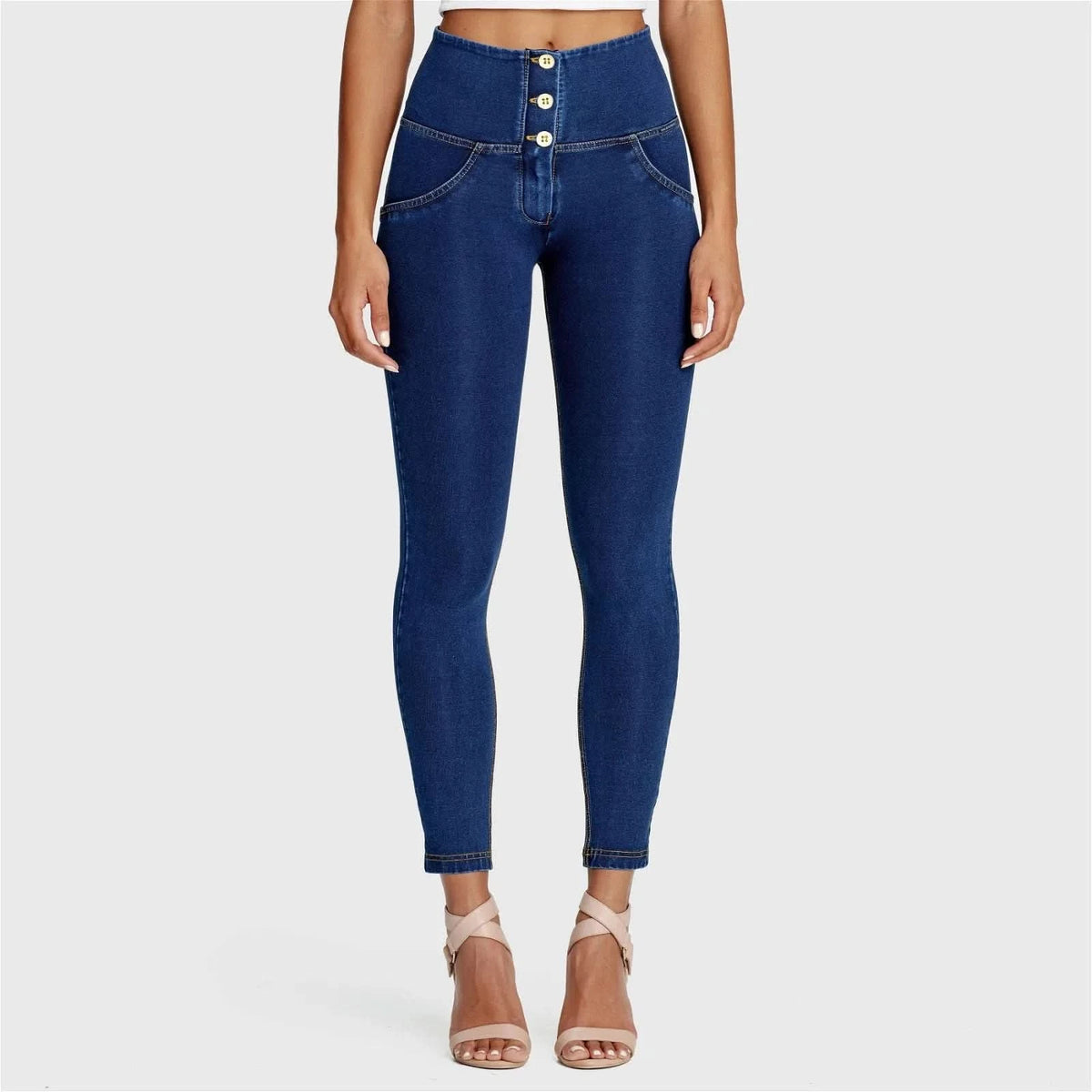 WRUP Denim - 3 Button High Waisted - 7/8 Length - Dark Blue + Yellow Stitching