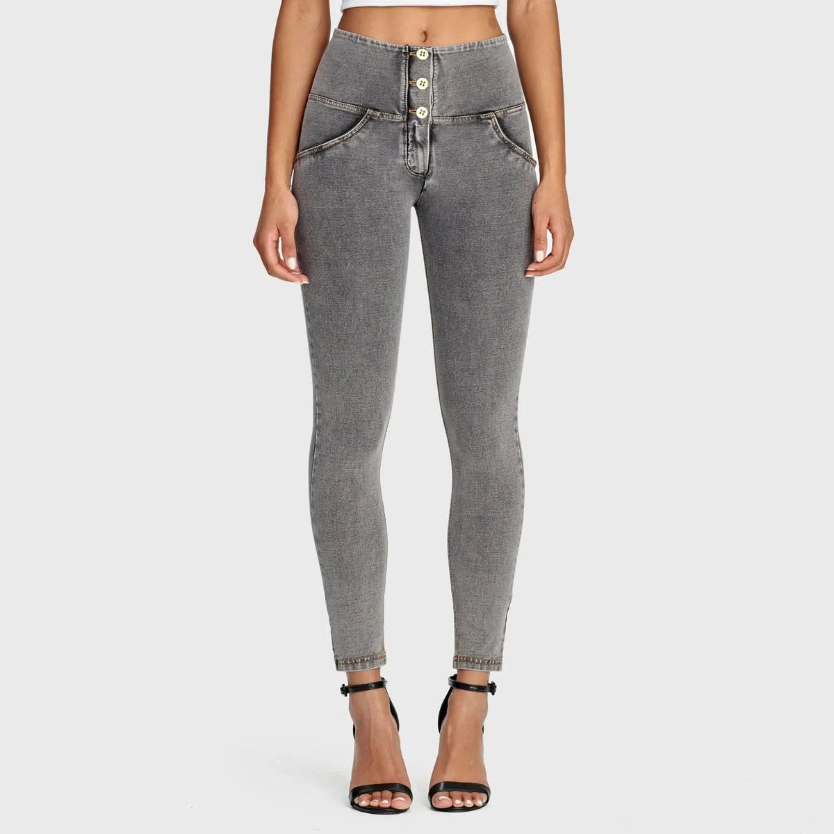 WRUP Denim - 3 Button High Waisted - 7/8 Length - Grey + Yellow Stitching