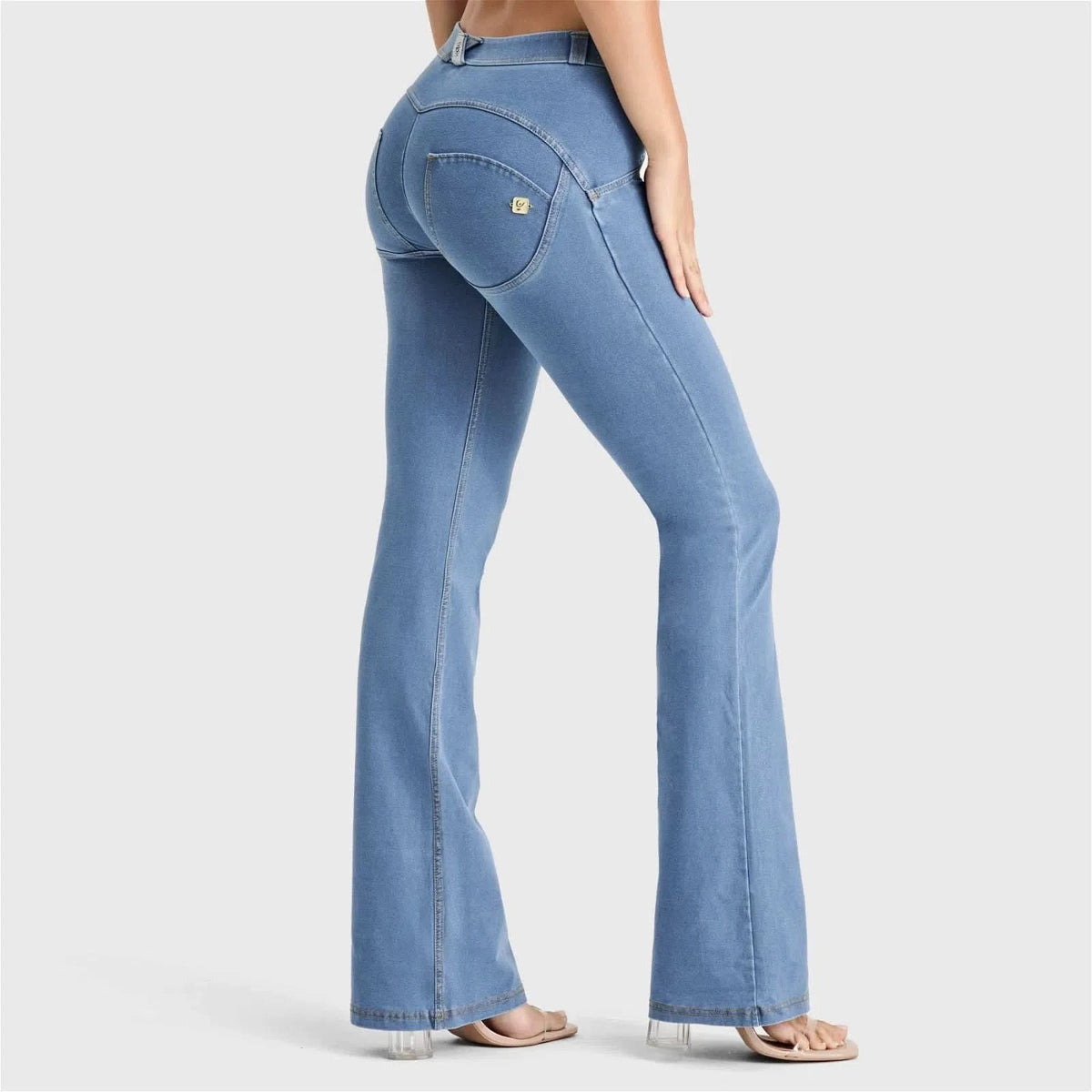 WRUP Denim - Mid Rise - Bell Bottom Flare - Light Blue + Yellow Stitching