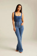 WRUP Front Pocket Denim - High Waisted - Flare - Light Blue + Beige Stitching