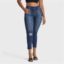 WRUP SNUG Distressed Jeans - High Waisted - 7/8 Length - Dark Blue + Blue Stitching