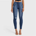 WRUP SNUG Distressed Jeans - High Waisted - Full Length - Dark Blue + Blue Stitching