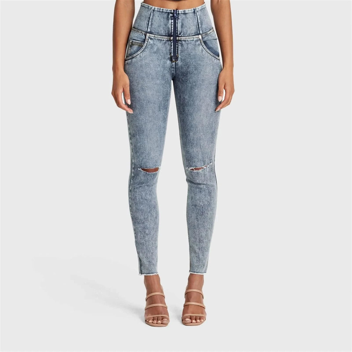 WRUP SNUG Ripped Jeans - High Waisted - Full Length - Blue Stonewash + Yellow Stitching