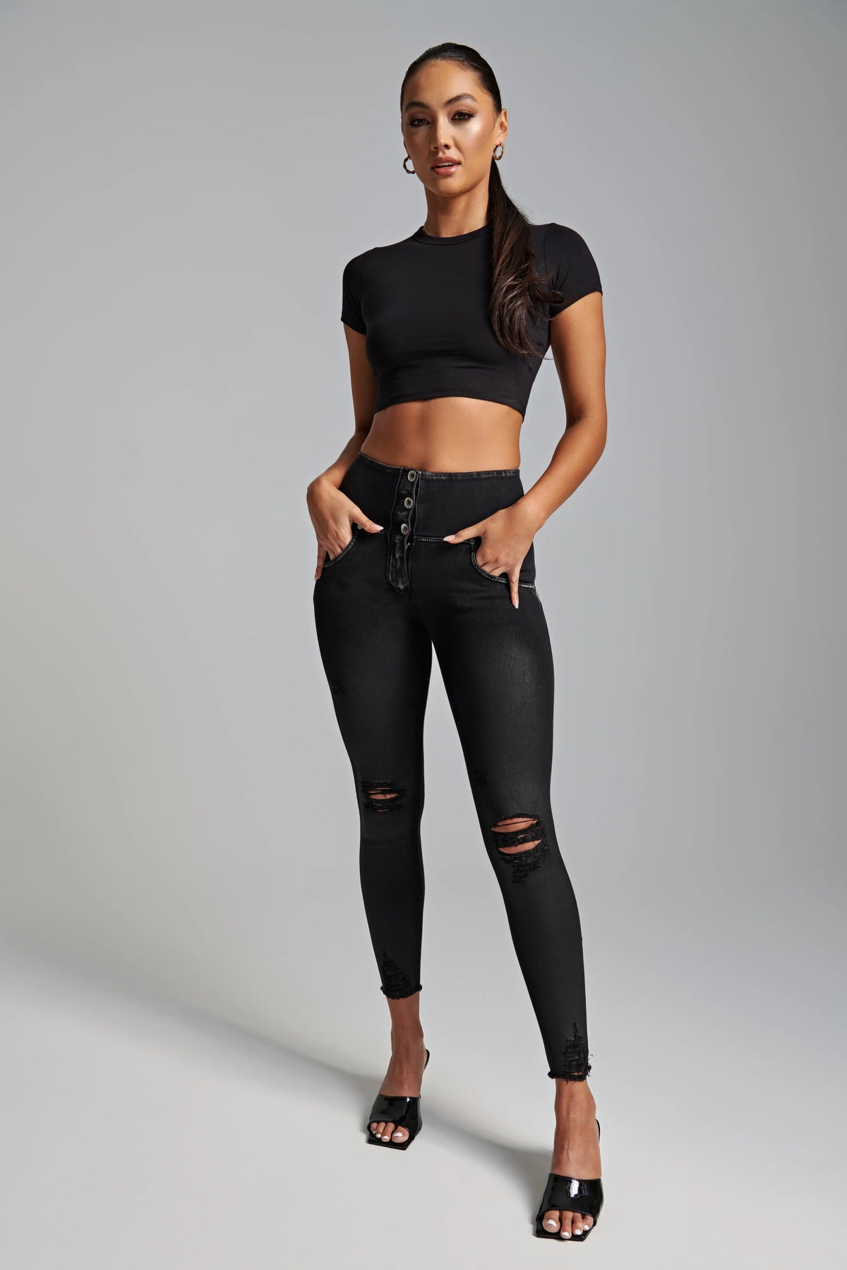 WRUP SNUG Ripped Jeans - High Waisted - Full Length - Coated Black + Black Stitching