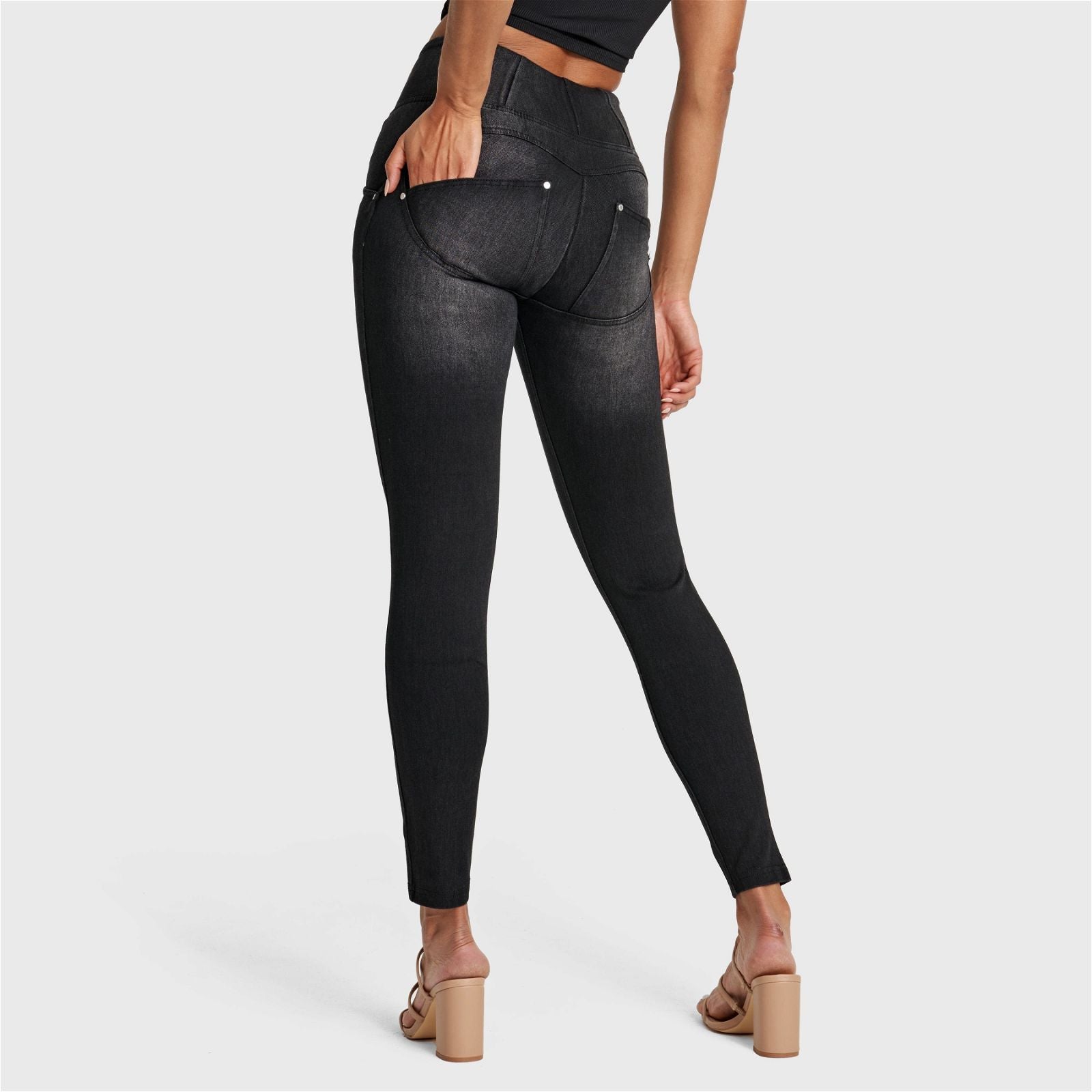 WR.UP® SNUG Distressed Jeans - High Waisted - 7/8 Length - Black + Black Stitching 3