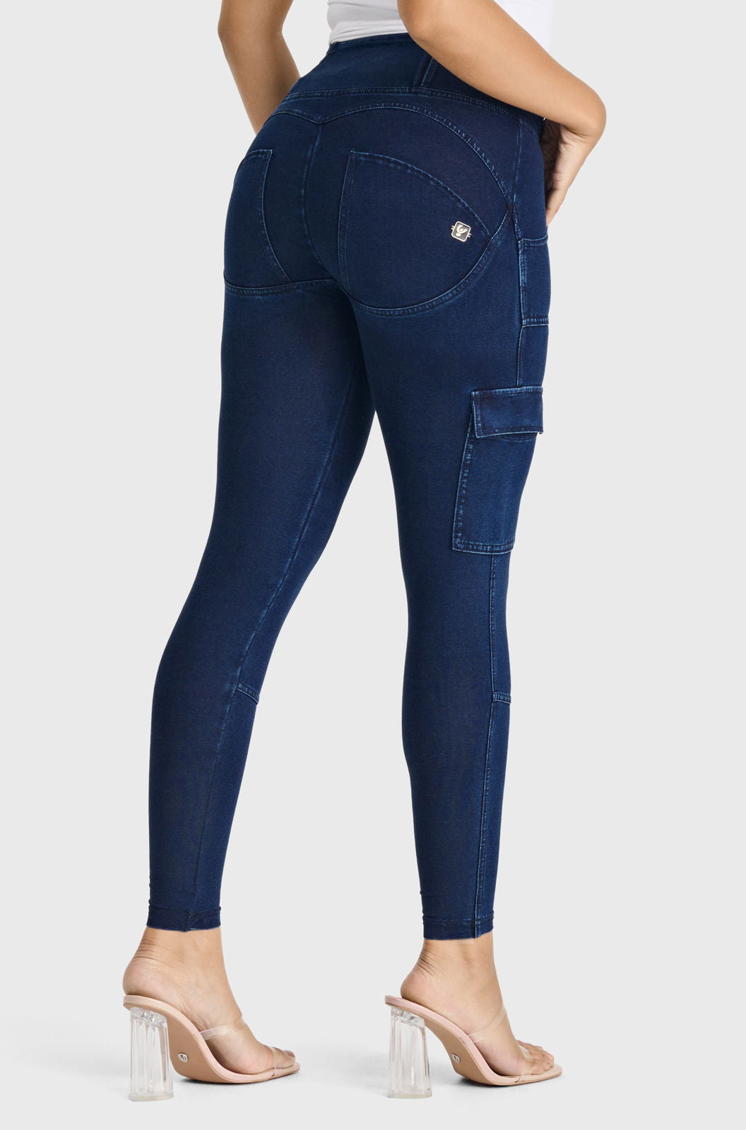 WR.UP® Cargo Denim - High Waisted - 7/8 Length - Dark Blue + Blue Stitching - Freddy UK