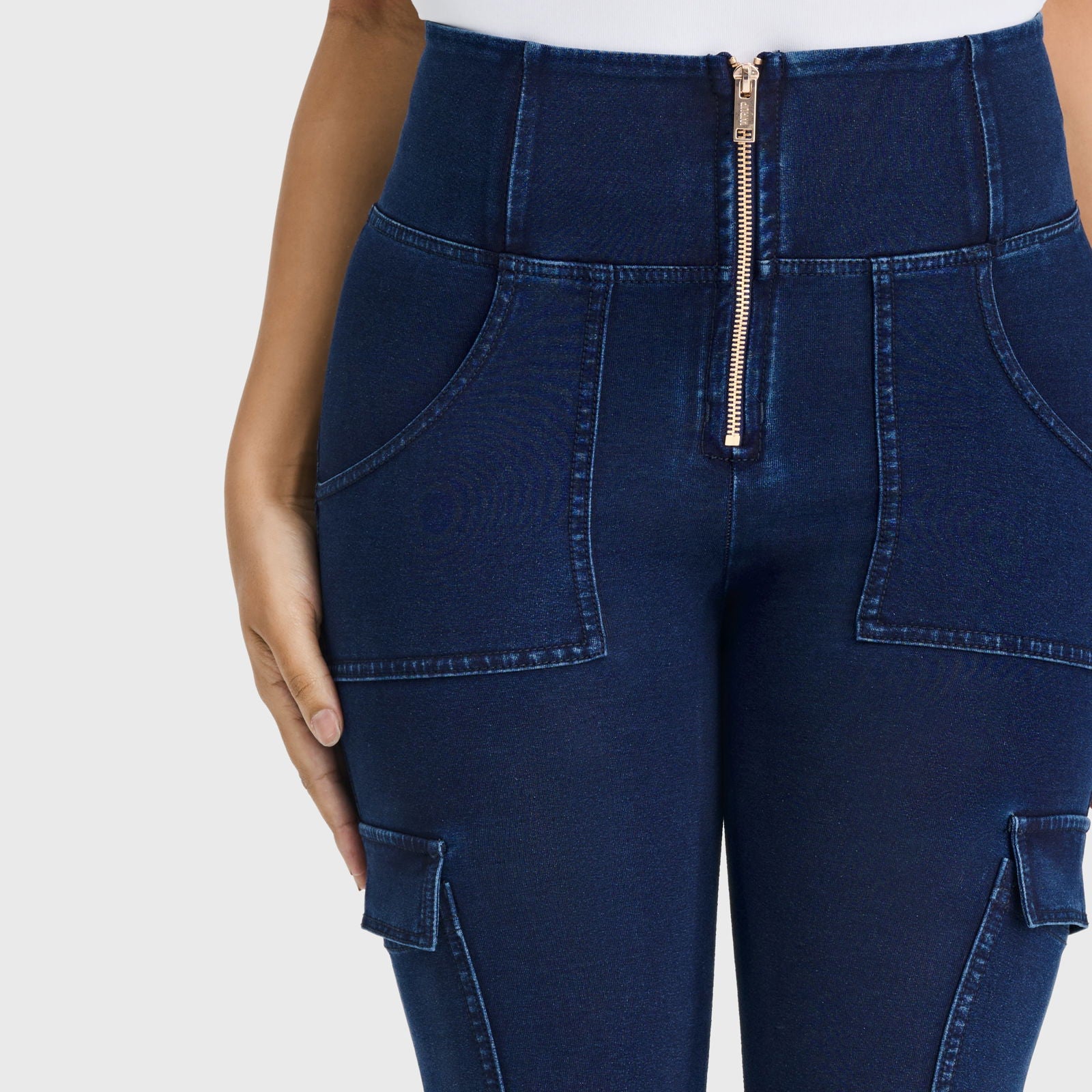 WR.UP® Cargo Denim - High Waisted - 7/8 Length - Dark Blue + Blue Stitching - Freddy UK