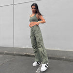 Cargo Trousers - High Waisted - Full Length - Military Green