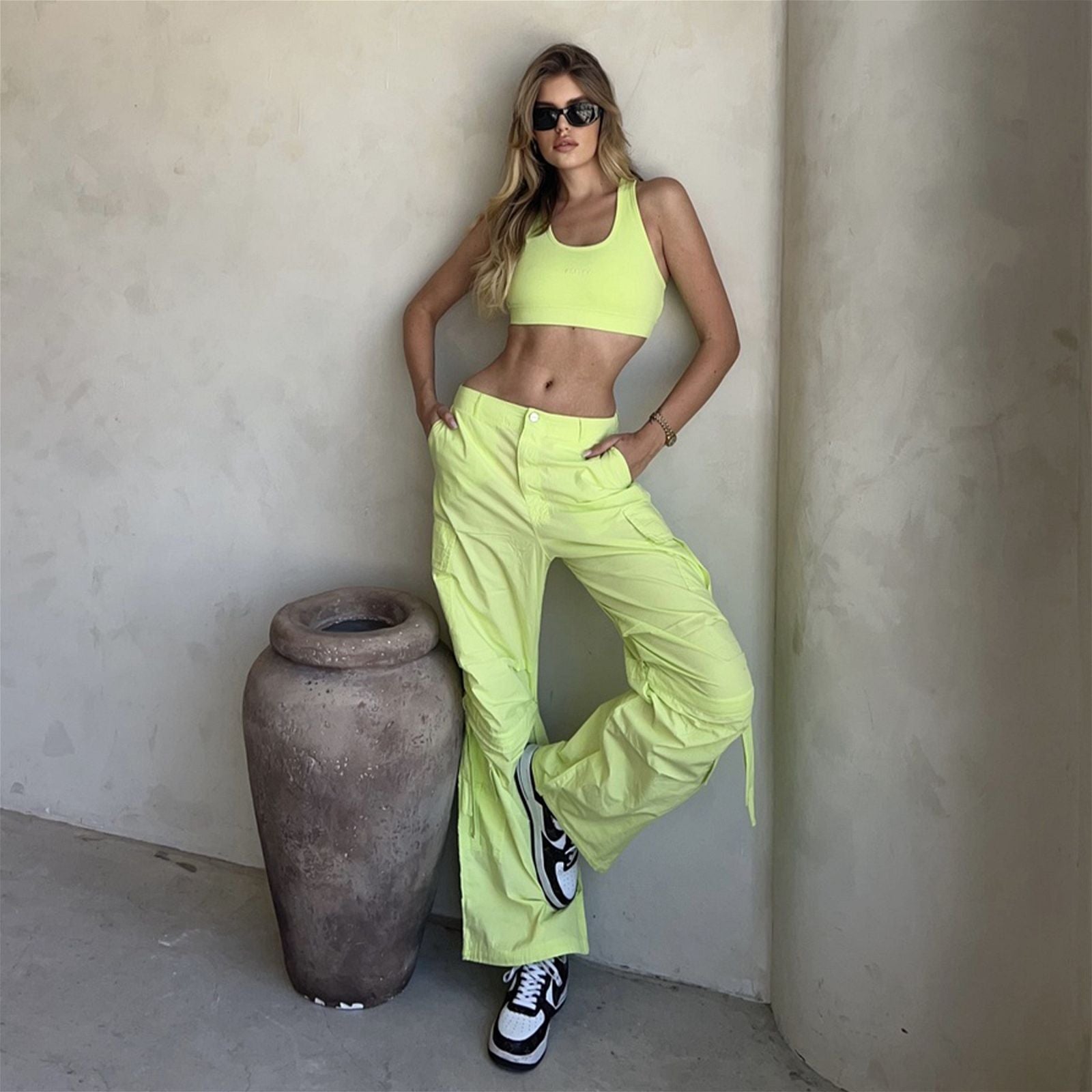 Cargo Trousers - High Waisted - Full Length - Lime Green 2