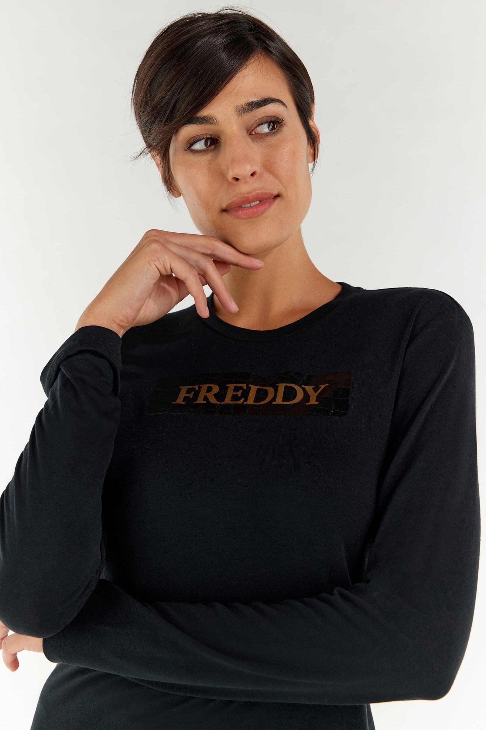 Long Sleeve Shirt - Black with Gold Freddy lettering in a crocodile box 1