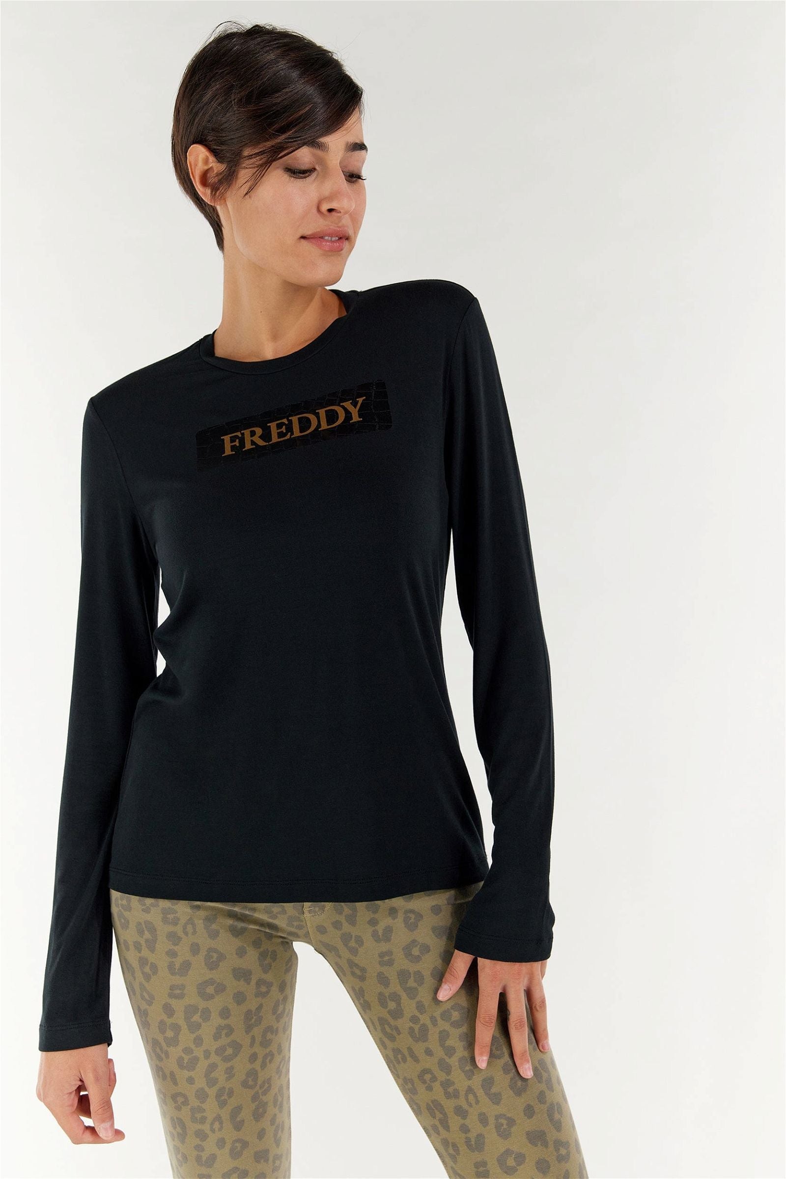 Long Sleeve Shirt - Black with Gold Freddy lettering in a crocodile box 2