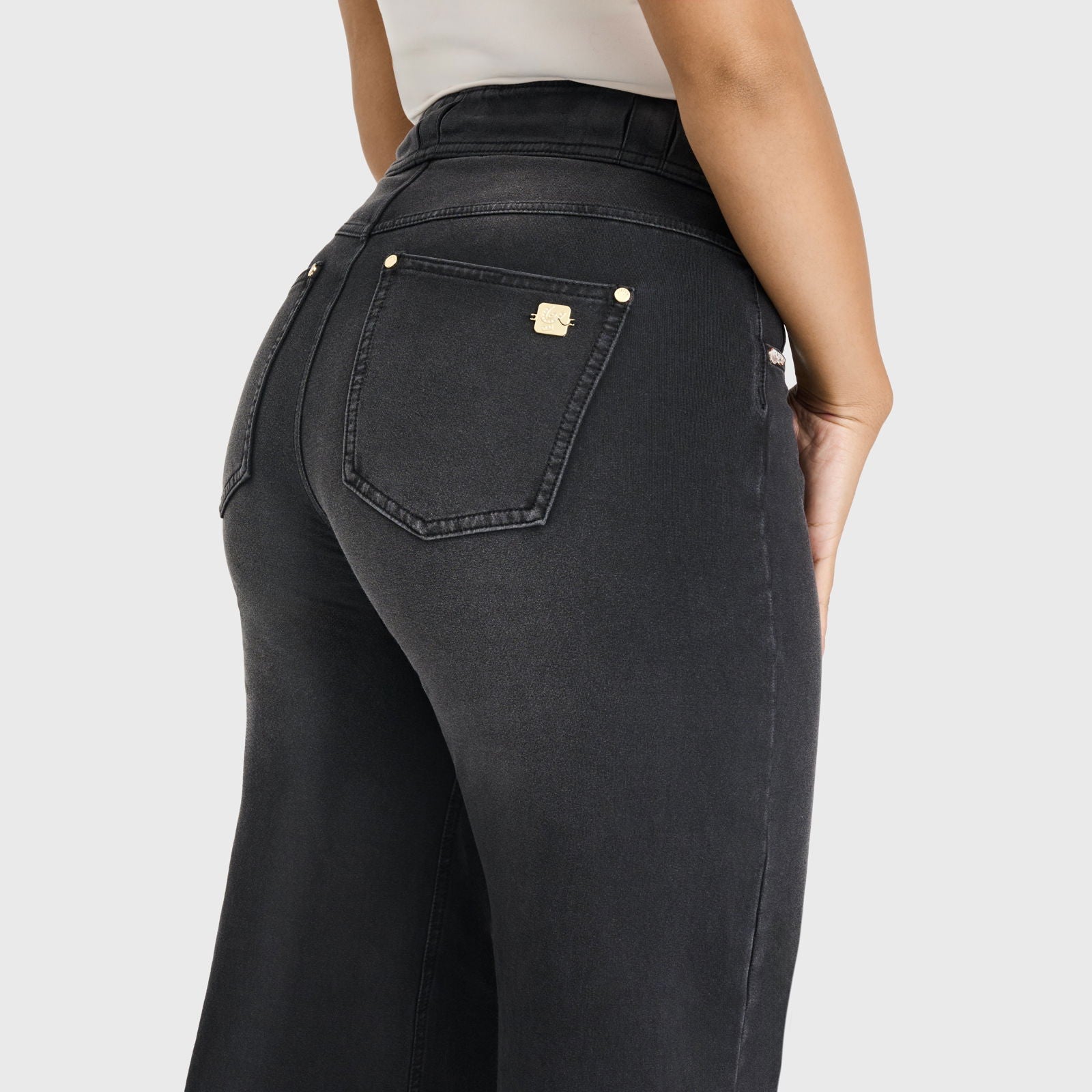 N.O.W® Denim Limited Edition - High Waisted - Wide Leg - Black + Black Stitching - Freddy UK