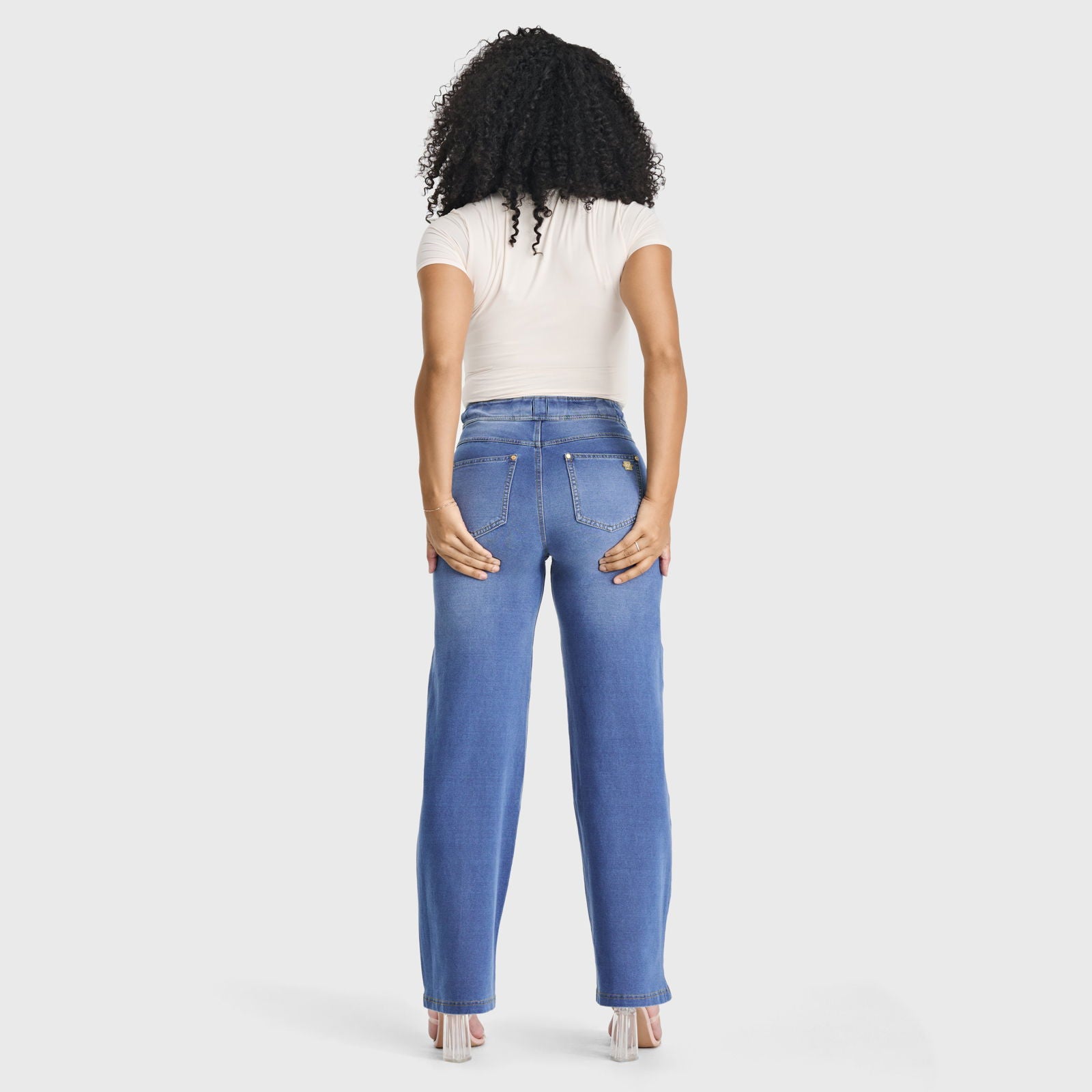 N.O.W® Denim Limited Edition - High Waisted - Wide Leg - Light Blue + Yellow Stitching - Freddy UK