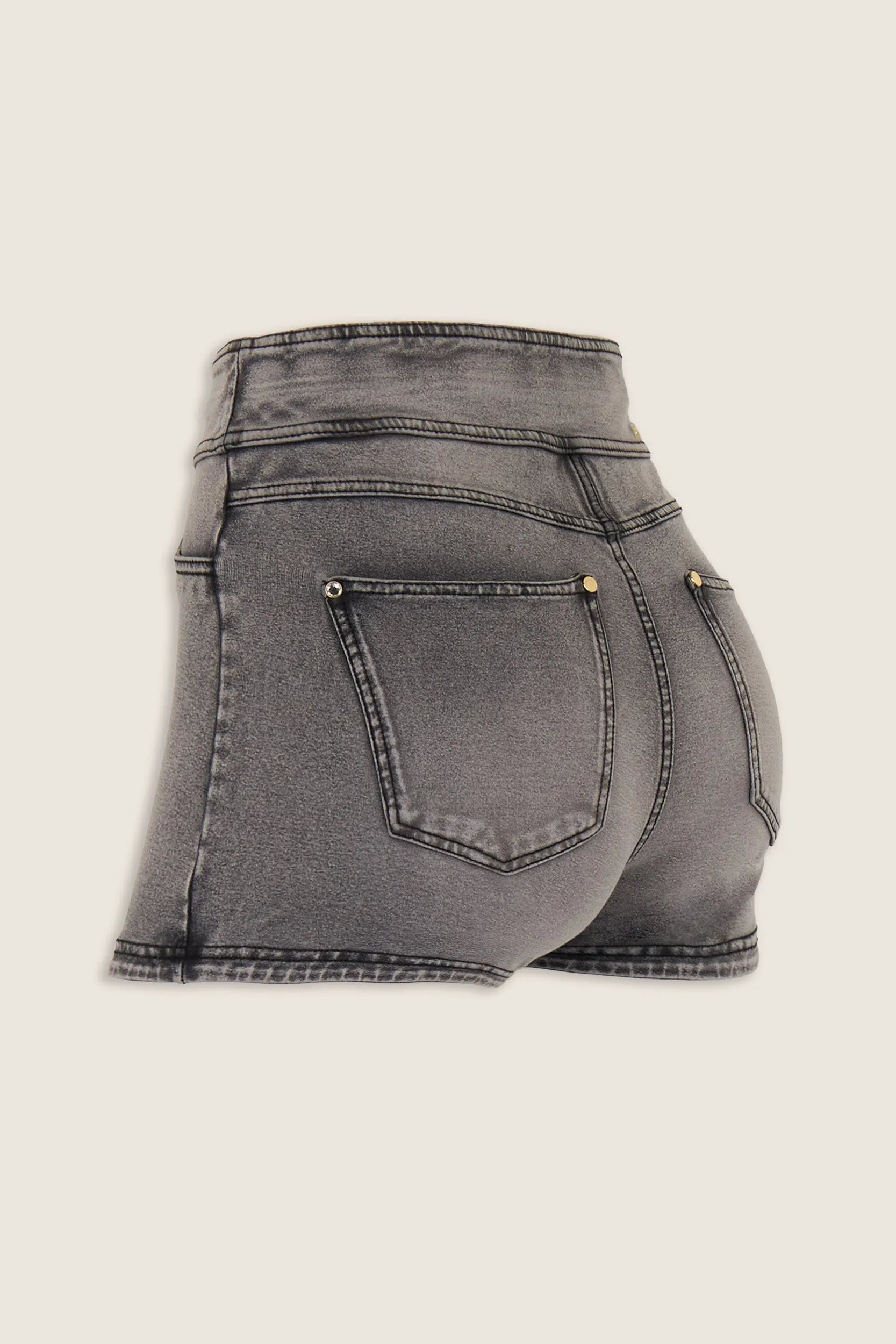 NOW Denim - High Waisted - Shorts - Grey + Black Stitching 1