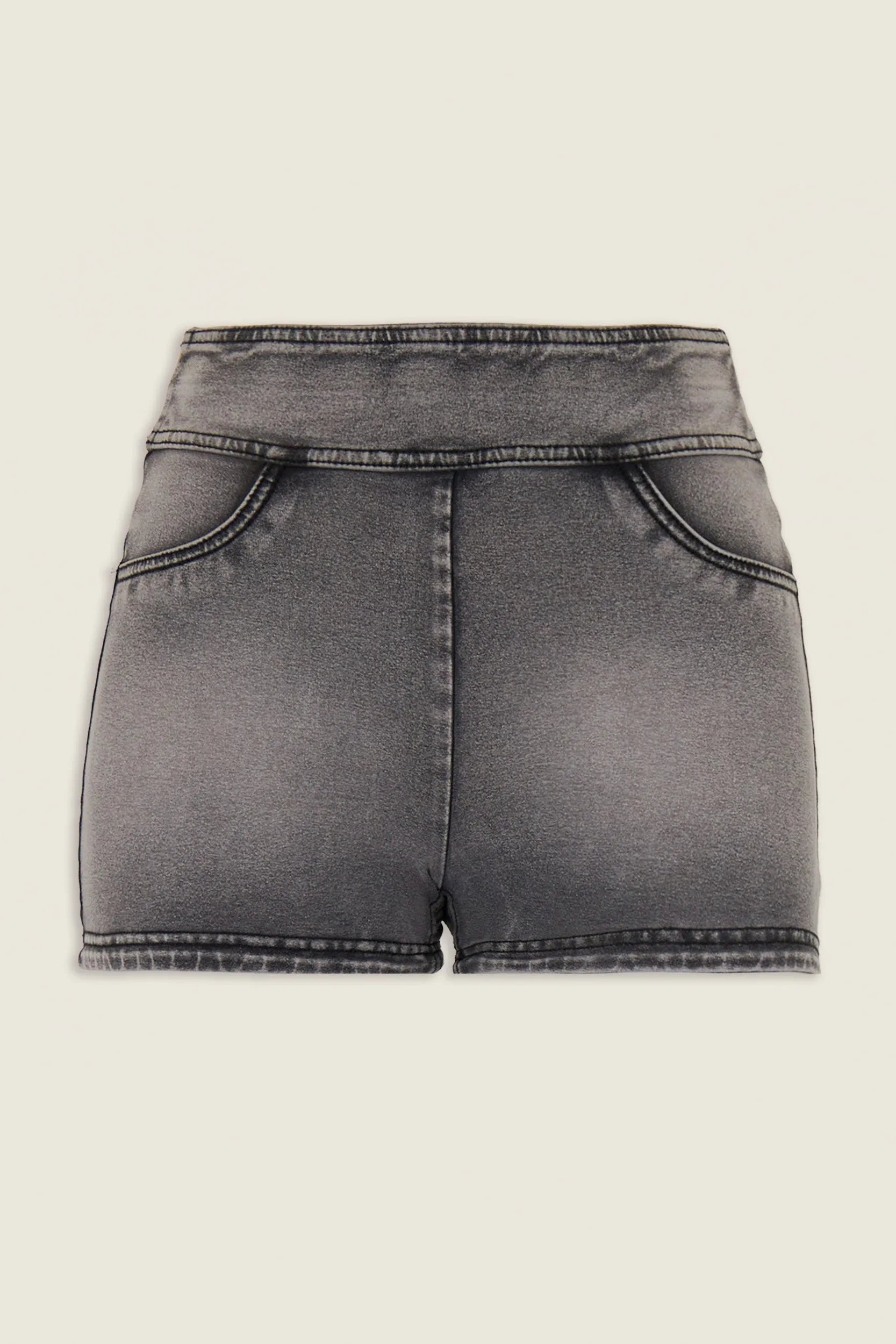 NOW Denim - High Waisted - Shorts - Grey + Black Stitching 3