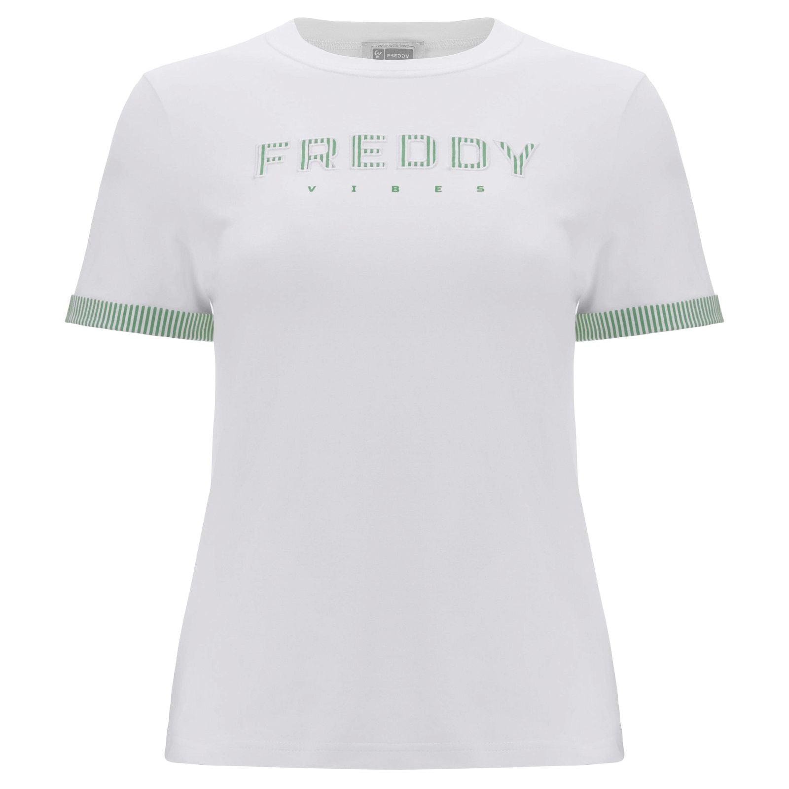 T Shirt with Striped Trim - White + Green 1