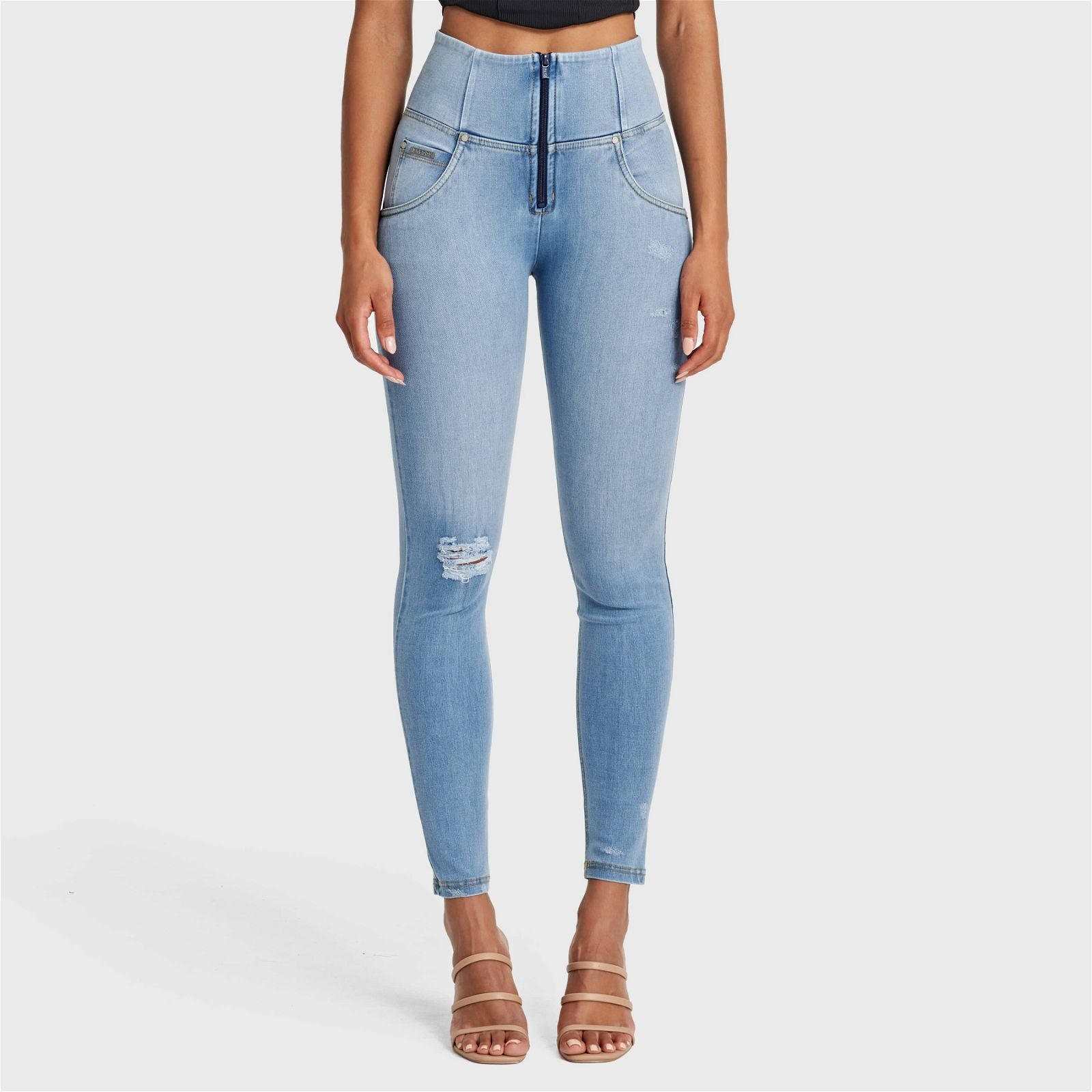 WR.UP® SNUG Distressed Jeans - High Waisted - Full Length - Light Blue + Yellow Stitching 1