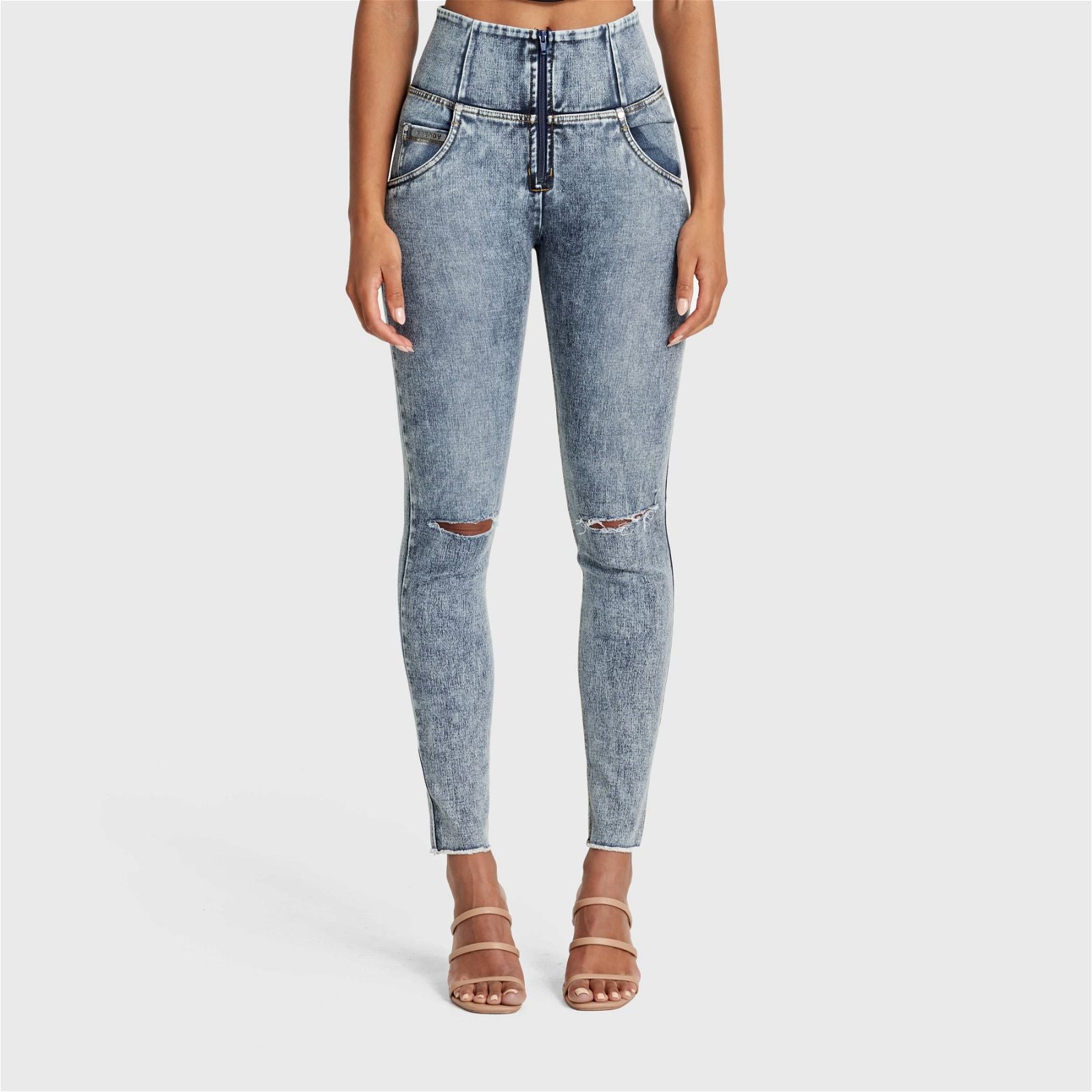WR.UP® SNUG Ripped Jeans - High Waisted - Full Length - Blue Stonewash + Yellow Stitching 1