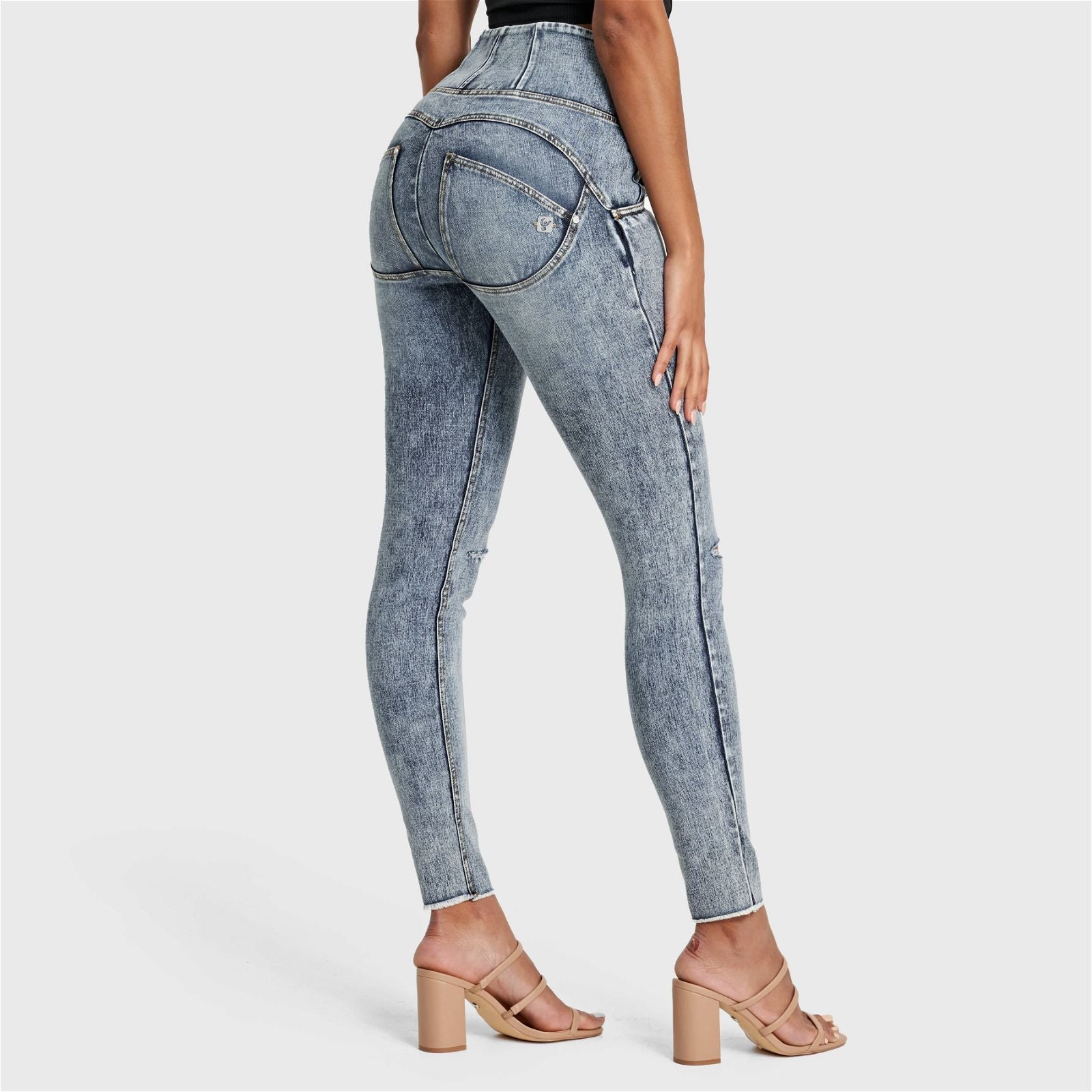 WR.UP® SNUG Ripped Jeans - High Waisted - Full Length - Blue Stonewash + Yellow Stitching 2