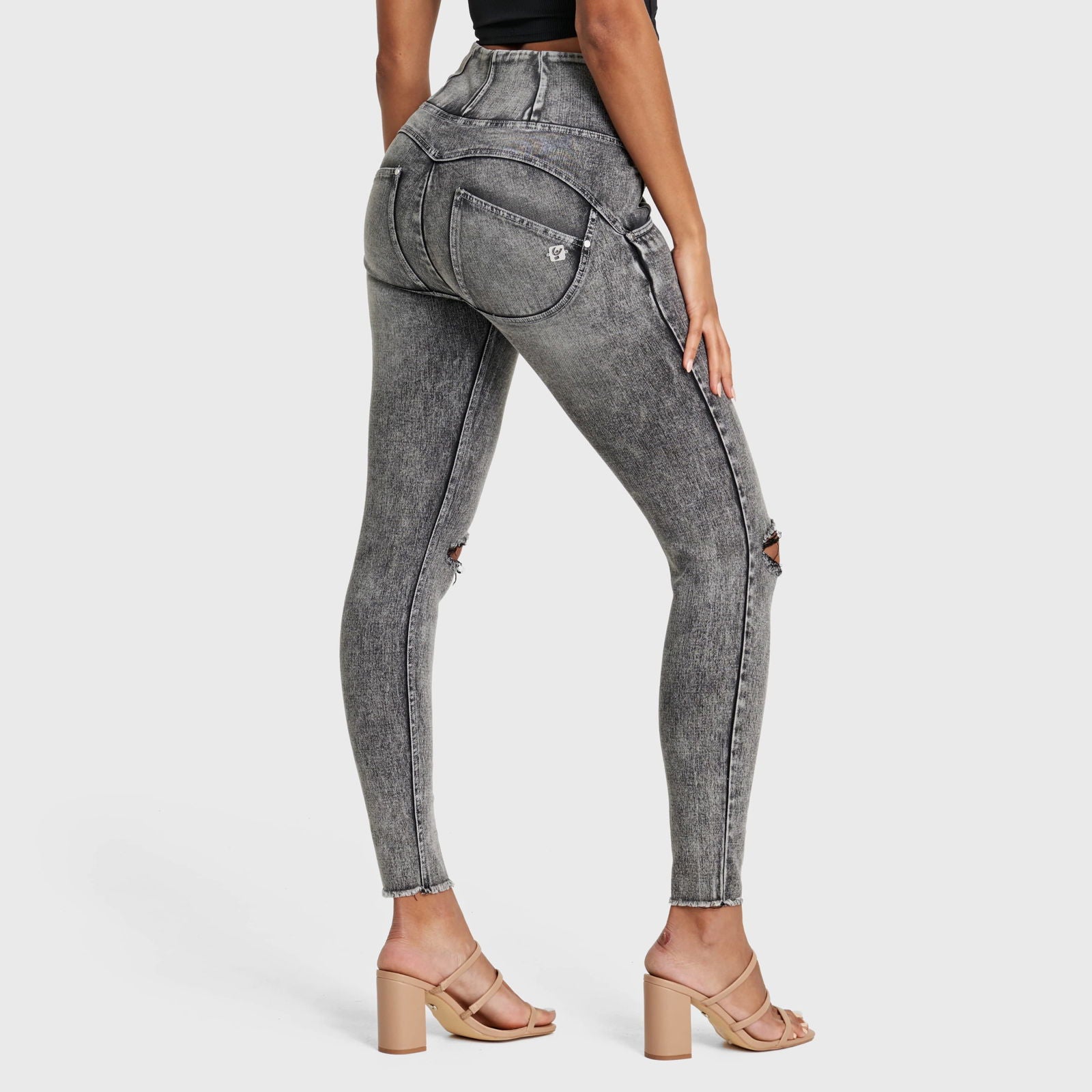 WR.UP® SNUG Ripped Jeans - High Waisted - Full Length - Grey Stonewash + Grey Stitching 2