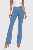 WRUP Denim - High Waisted - Bell Bottom Flare - Light Blue + Blue Stitching
