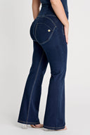 WRUP Denim with Front Pockets - Super High Waisted - Flare - Dark Blue + Beige Stitching