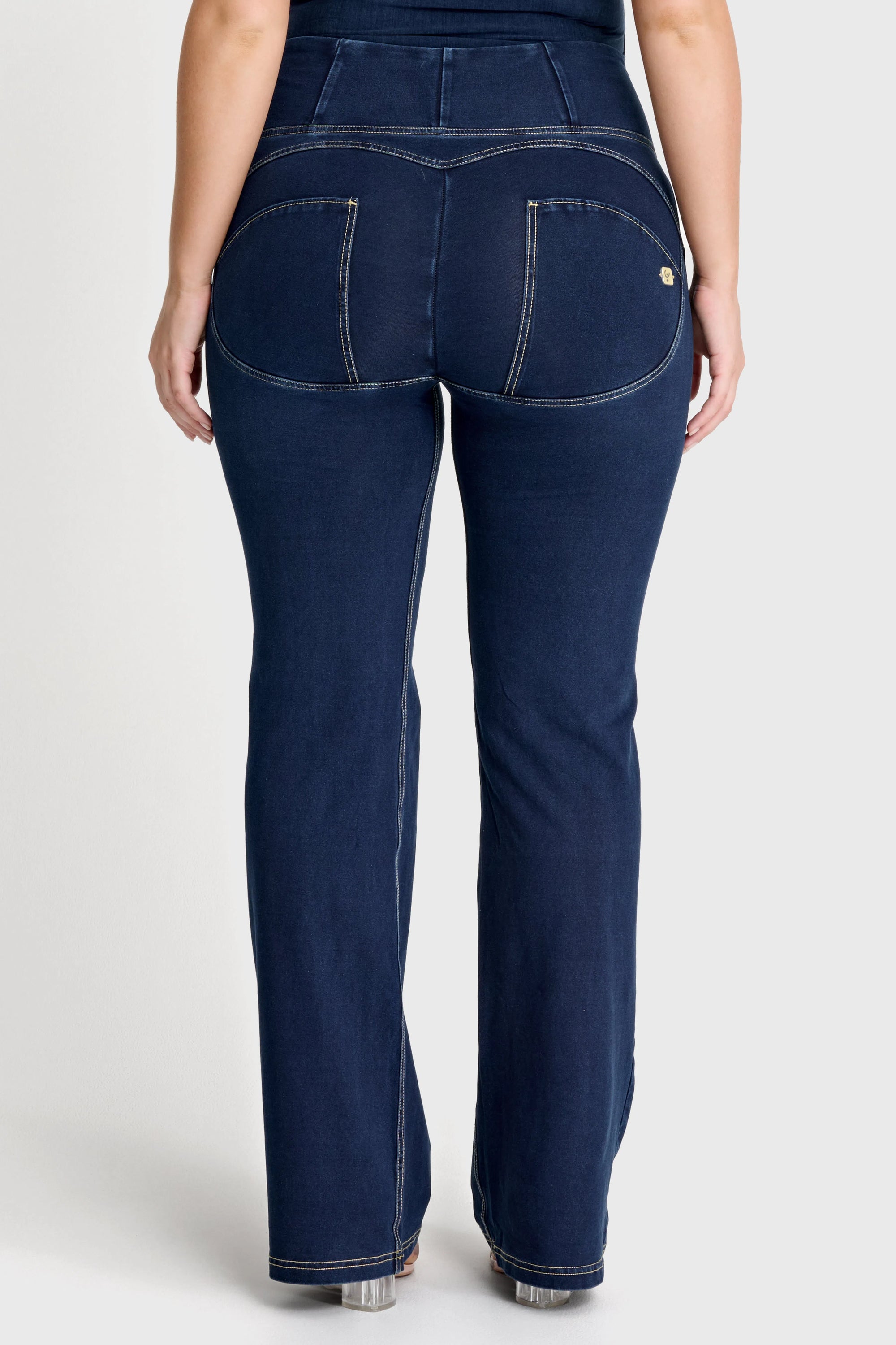 WR.UP® Denim with Front Pockets - Super High Waisted - Flare - Dark Blue + Beige Stitching 3