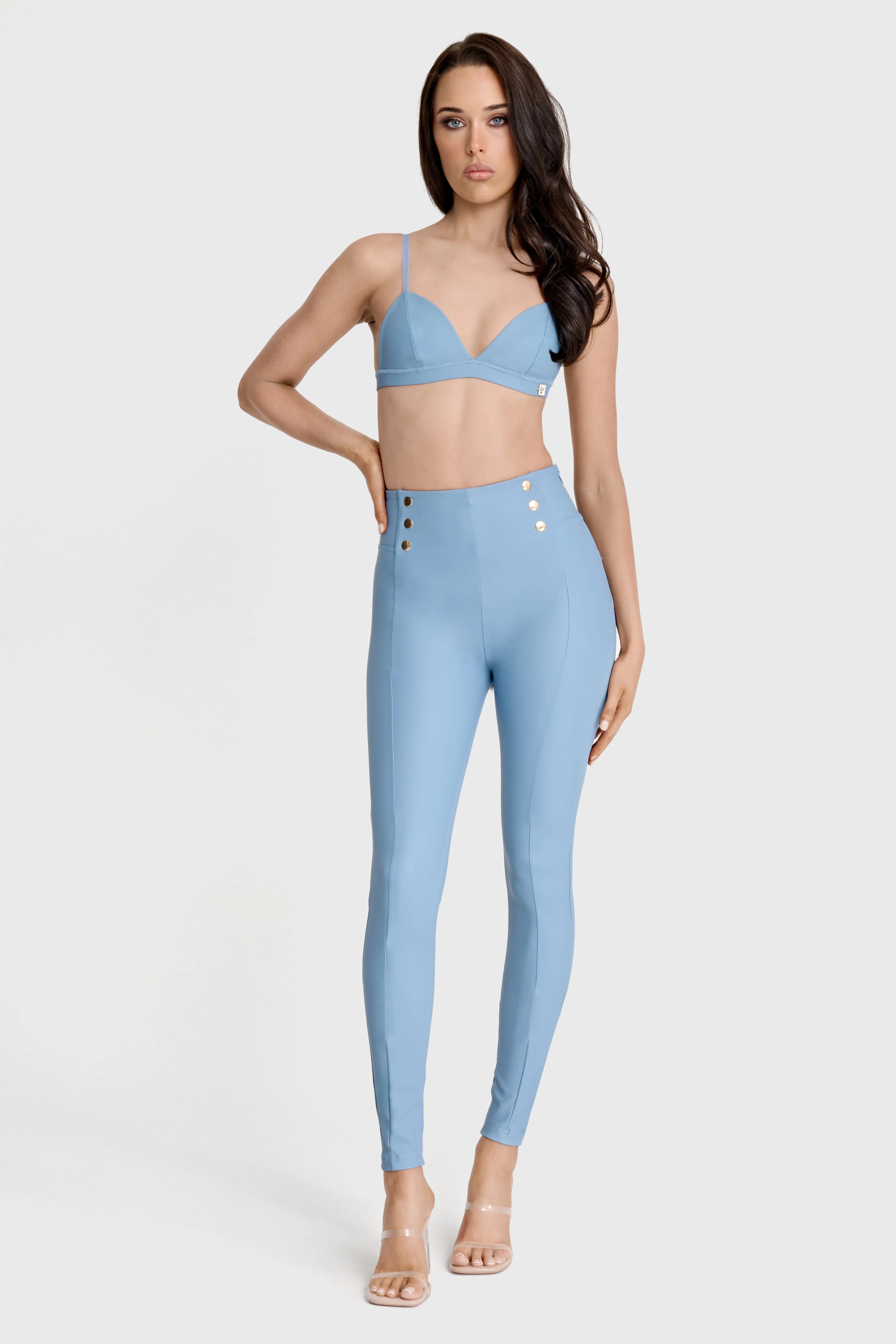 WRUP Faux Leather with Button Detail - Super High Waisted - Full Length - Baby Blue 1