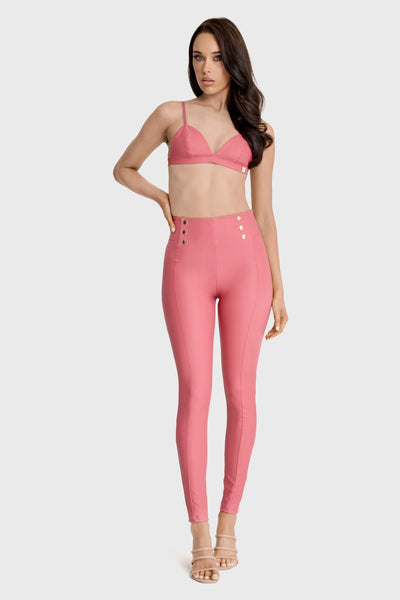 WRUP Faux Leather with Button Detail - Super High Waisted - Full Length - Rosey Pink