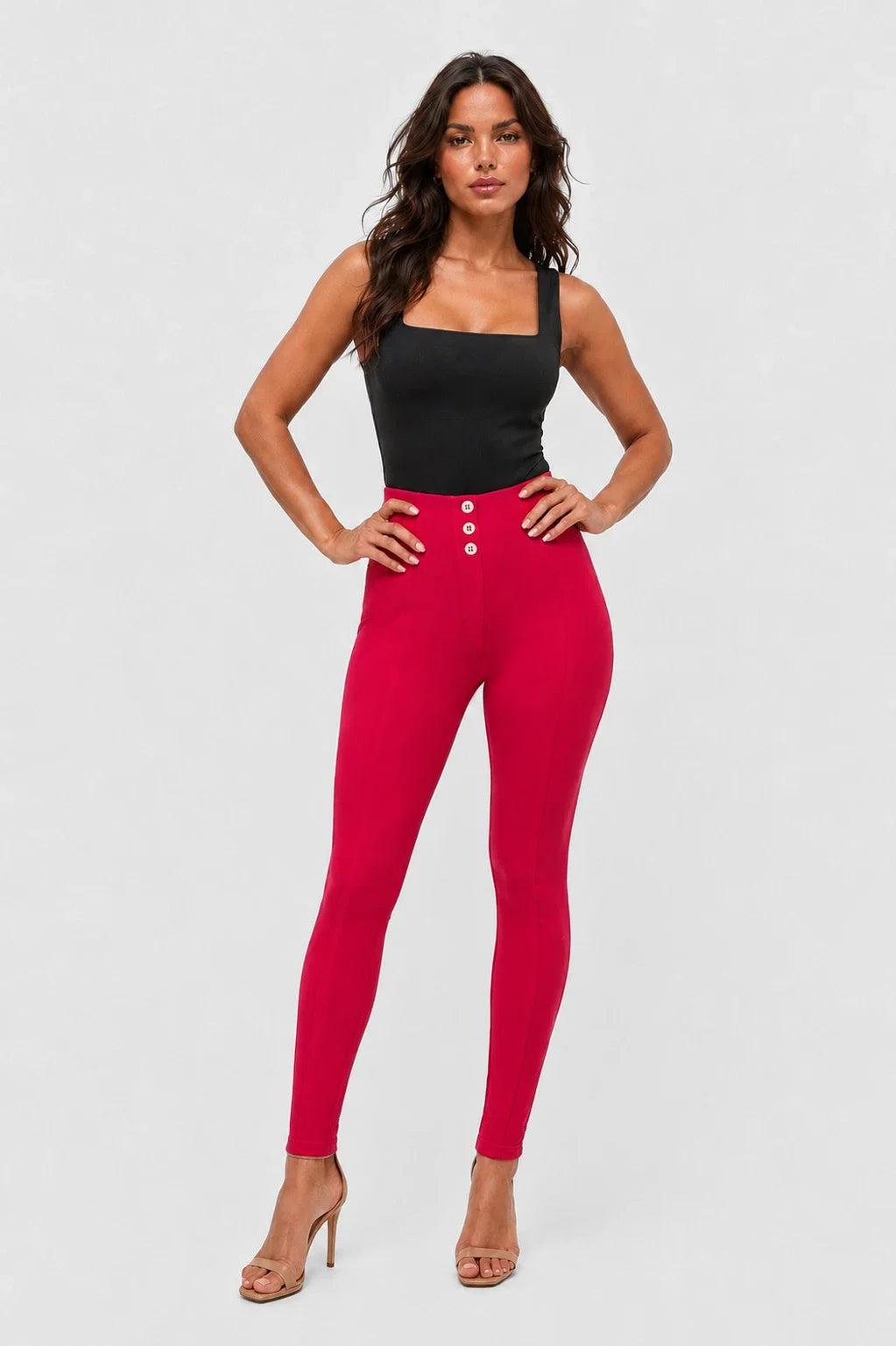 WRUP 3 Button Fashion - Super High Waisted - Full Length - Rose Red