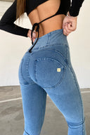 WRUP Denim - High Waisted - 7/8 Length - Light Blue + Blue Stitching