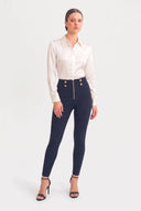 WRUP Military Button Detail Fashion - High Waisted - 7/8 Length - Deep Blue