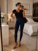 WRUP Denim Sculpted Zip - High Waisted - 7/8 Length - Dark Blue + Blue Stitching