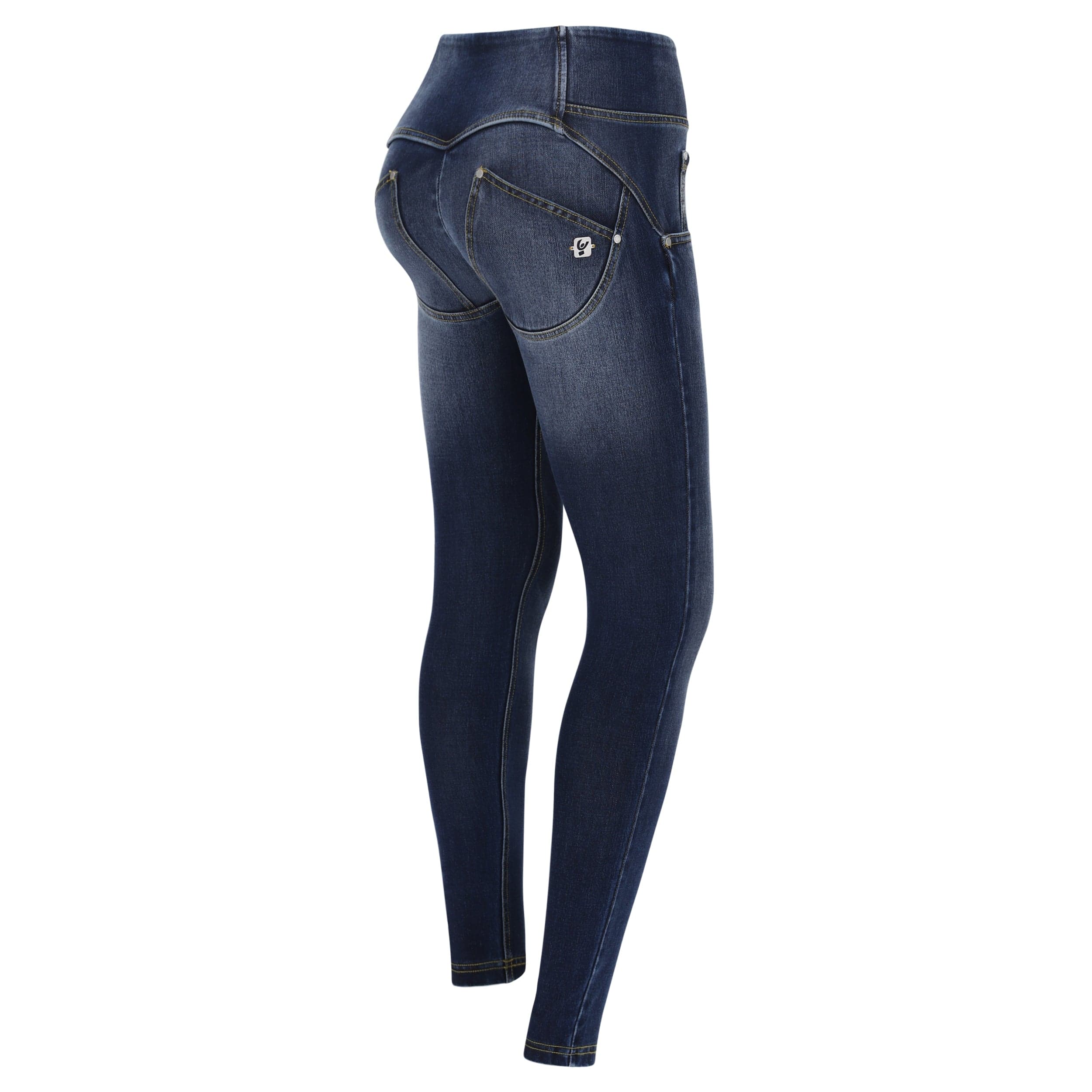 WR.UP® SNUG Jeans - 3 Button Mid Waisted - Full Length - Dark Blue + Yellow Sitching 2