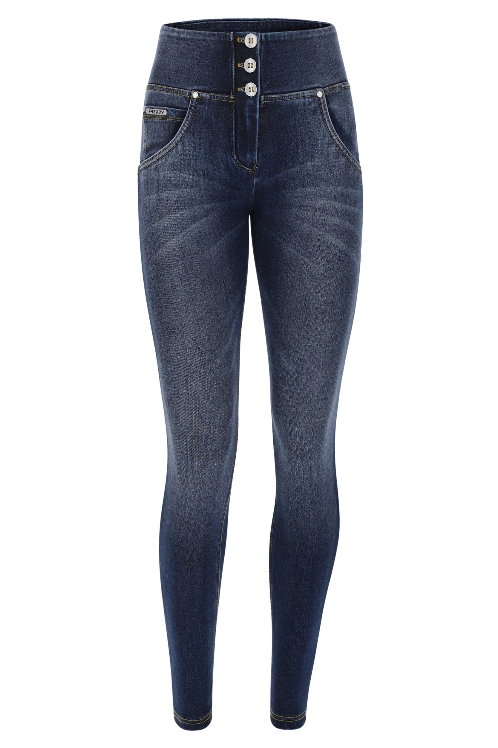 WR.UP® Snug Jeans - 3 Button Mid Waisted - Full Length - Dark Blue + Yellow Sitching 1