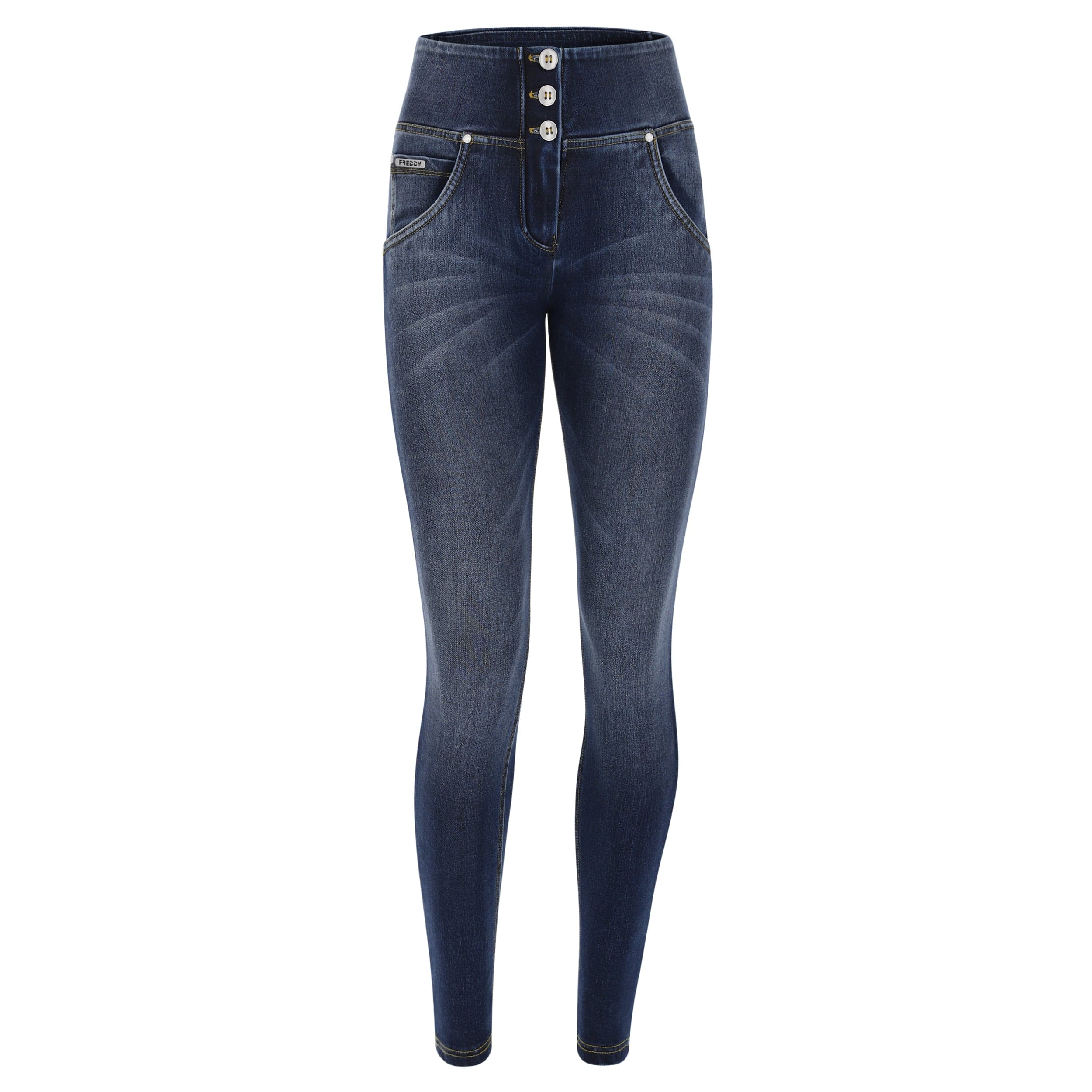 WR.UP® SNUG Jeans - 3 Button Mid Waisted - Full Length - Dark Blue + Yellow Sitching 1
