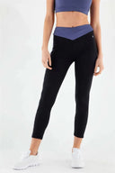 Activewear Leggings with an Overlap Waistband - High Waisted - 7/8 Length - Black + Blue Stripe