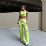 Cargo Trousers - High Waisted - Full Length - Lime Green