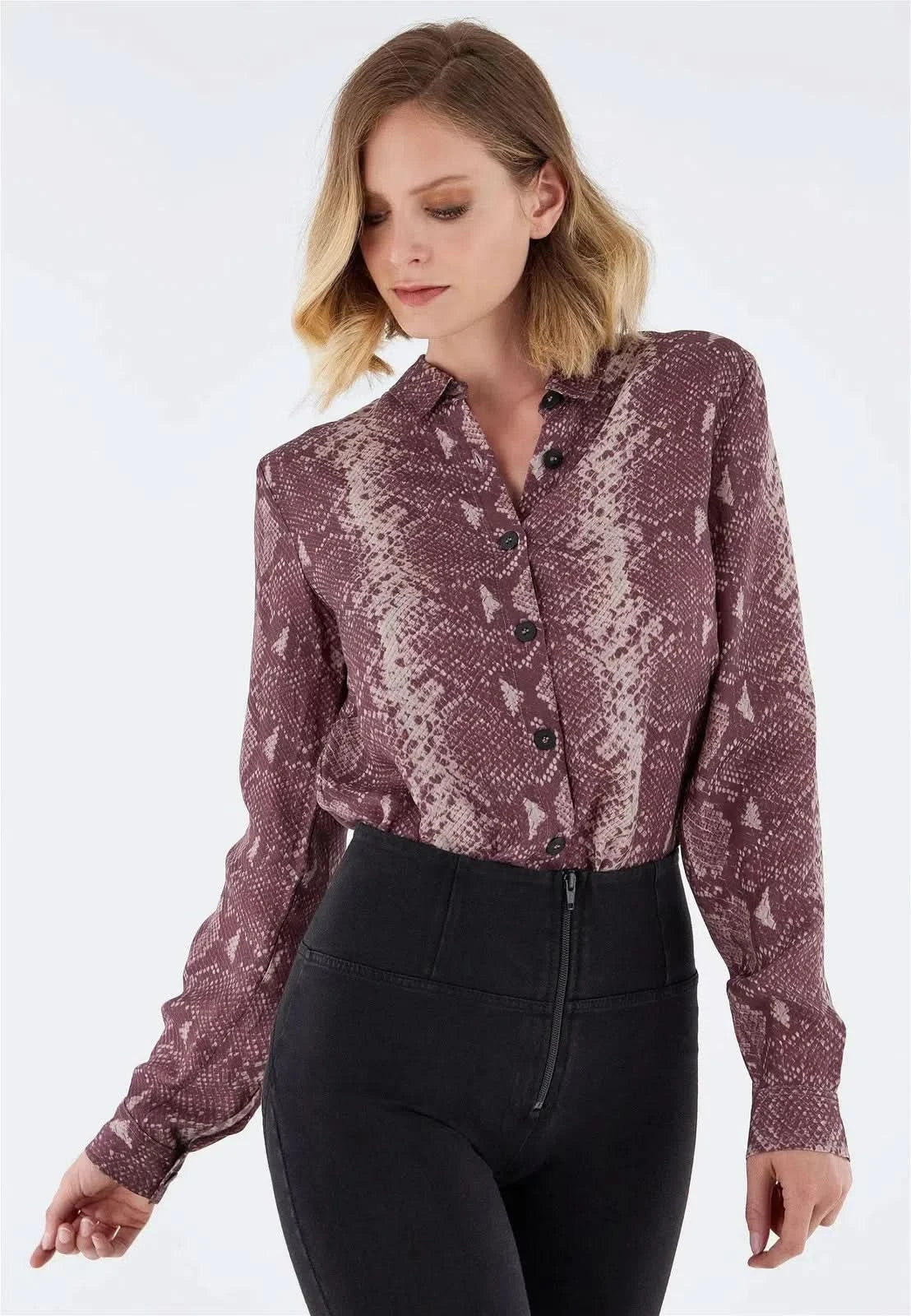 Bodysuit with Collared Shirt - Red Snake Print