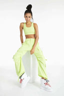 Cargo Trousers - High Waisted - Full Length - Lime Green