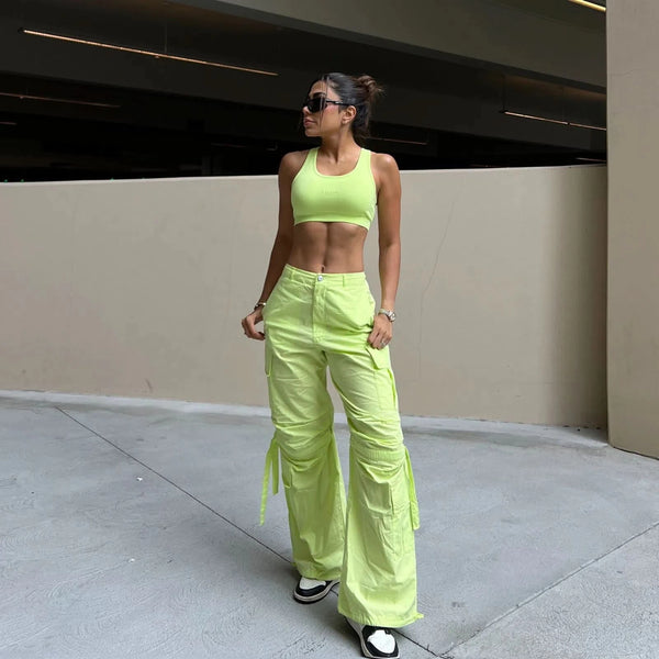 Cargo Trousers - High Waisted - Full Length - Lime Green