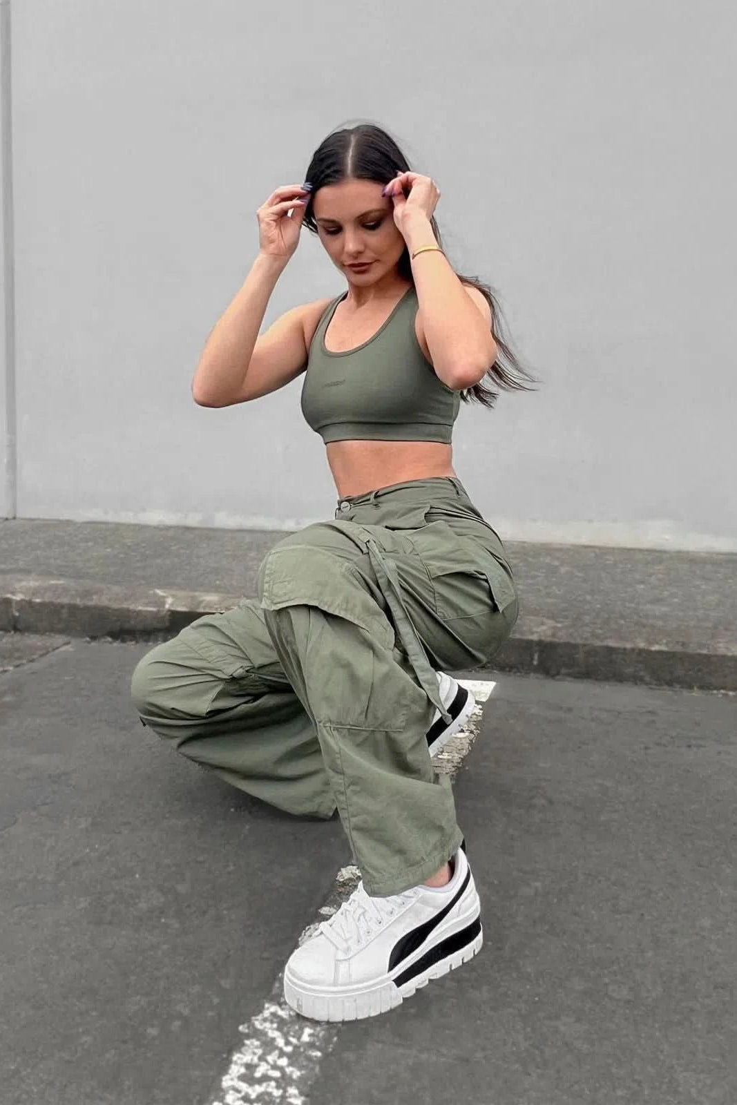 Cargo Trousers - High Waisted - Full Length - Military Green 2