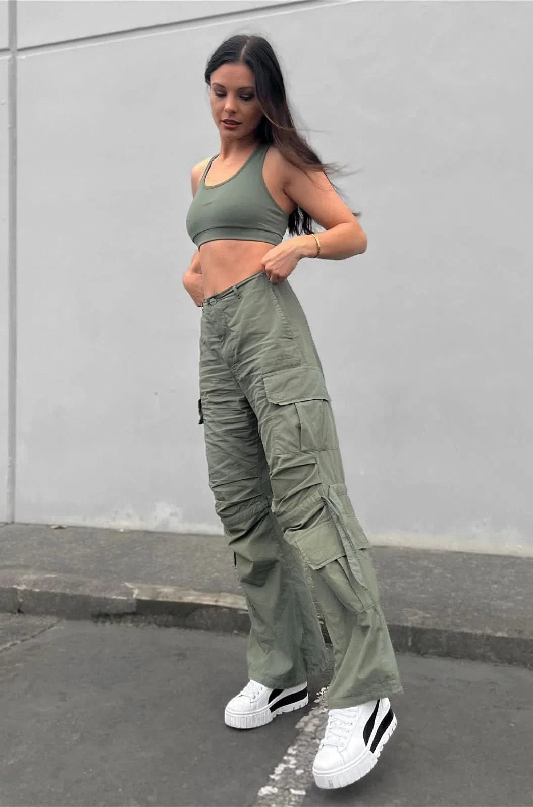 Cargo Trousers - High Waisted - Full Length - Military Green