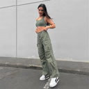 Cargo Trousers - High Waisted - Full Length - Military Green