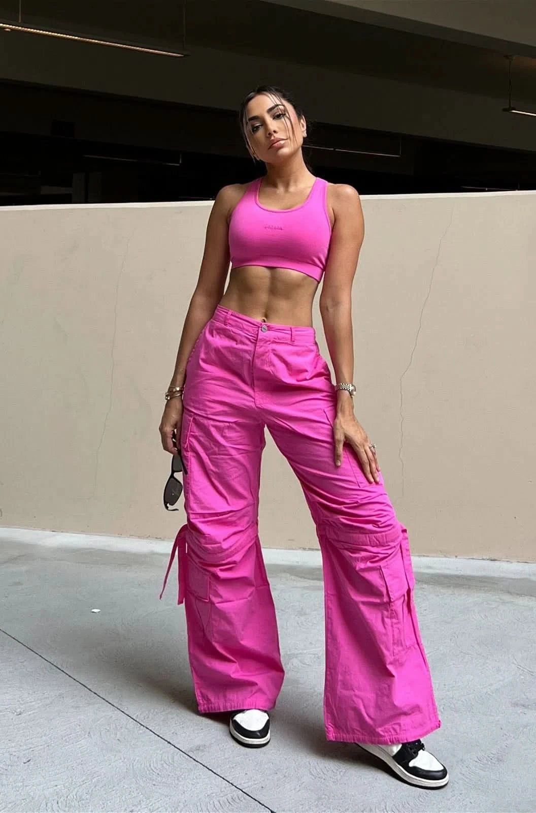 Cargo Trousers - High Waisted - Full Length - Pink